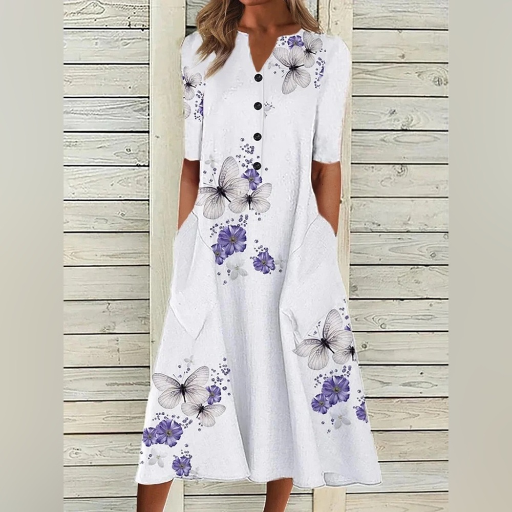 COZY NWT White Purple Floral Butterfly Maxi Dress Size M / 6 Flowy Boho Coastal